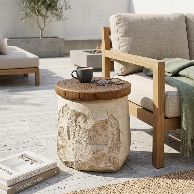 Elvira Outdoor Patio MGO Side Table, Stone-Effect Accent End Table with Faux Wood Grain Top, Beige Rustic Modern Side Stand for Balcony Garden Poolside Living Room Bedroom