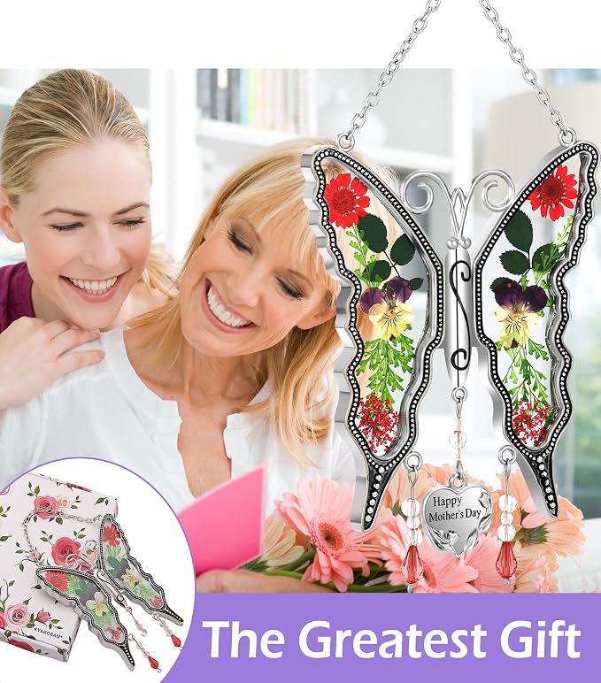 KY&BOSAM Gifts for Women Happy Mother`s Day Butterfly Suncatcher Stained Glass Suncatcher for Window Hanging Home Decor Wind Chime with Pressed Real Flower Garden Decor Gifts for Mom Mothers Day
