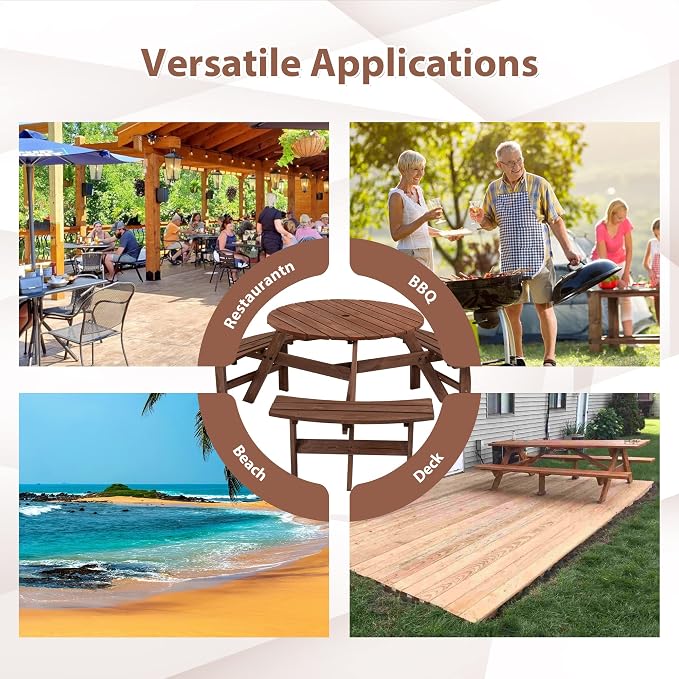 6-Person Outdoor Round Wooden Picnic Table with 3 Built-in Benches, Outdoor Dining Set with Umbrella Holes, 1720 lb. Weight Capacity for Garden, Lawn, Patio (Brown, 66.92"*66.92"*27.55")