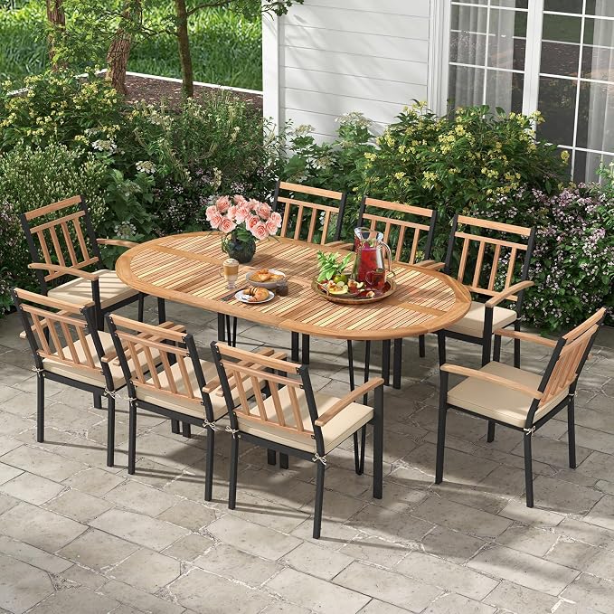 Tangkula 9 Pieces Outdoor Dining Set, Patio Furniture Set with Acacia Wood Top & Umbrella Hole, Metal Frame, Armchairs with Removable Cushions, Wood Dining Table & Chair Set for Yard, Garden, Deck