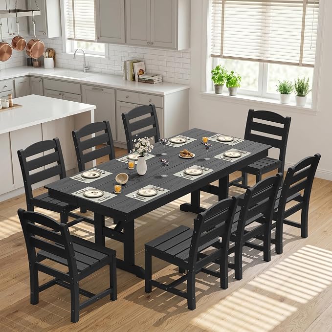 KINGYES 8-Person Outdoor Patio Dining Set with Patio Umbrella,84 inch HDPE Rectangular Table and Chairs Set，Waterproof Furniture Set with Umbrella Hole for Backyard,Black