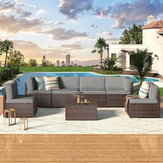 7 Piece Outdoor Patio Furniture Set with Cushions, PE Rattan Wicker Sectional Furniture Chair Set with Tea Table, Modular Patio Sofa for Garden, Backyard, Balcony Outdoor Lounge Area(Gray)