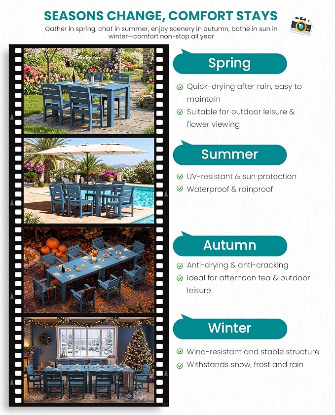 SERWALL 59" Outdoor Dining Set for 8, HDPE Dining Set, Blue | Include 2 Rectangular Tables and 8 armless Chairs, All Weather Dining Sets for Garden, Backyard