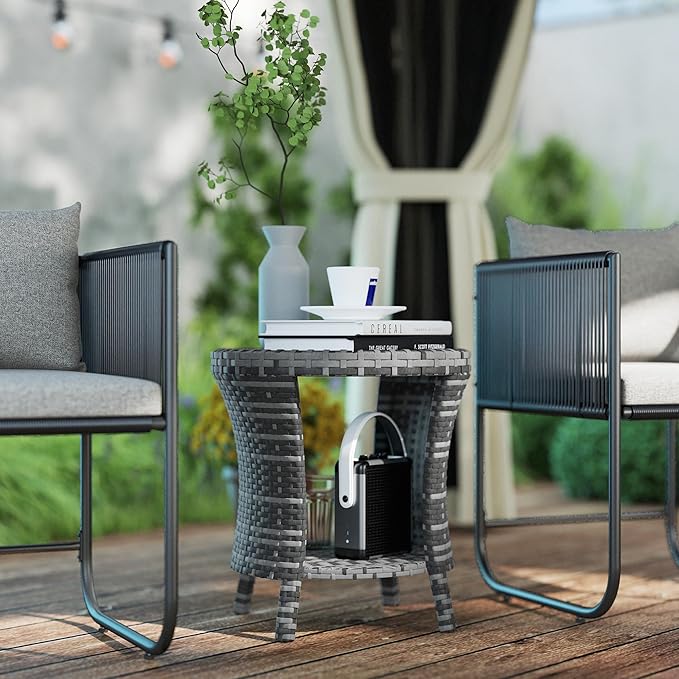 Outsunny 18" Outdoor Wicker Coffee Table, 2-Tier Patio Side Table with Storage, PE Rattan End Table with Composite Wood Top, Steel Frame for Garden Backyard Balcony, Gray