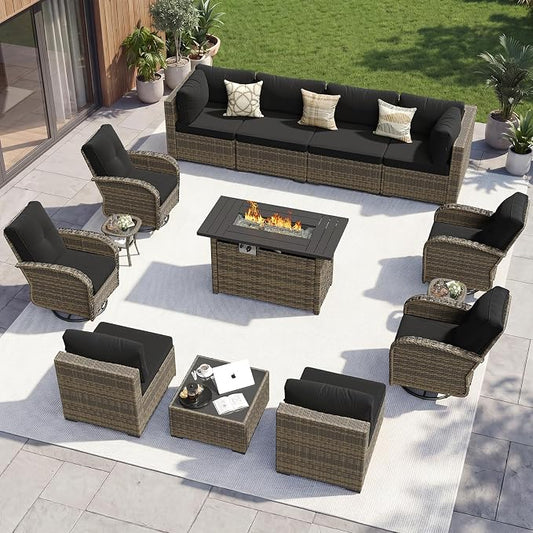 Aoxun 14 Piece Outdoor Patio Furniture Set with 44'' Fire Pit Table, Wicker Rattan Outdoor Furniture with High Back Swivel Rocker Chairs, Outdoor Conversation Set with Thick Cushion, Black