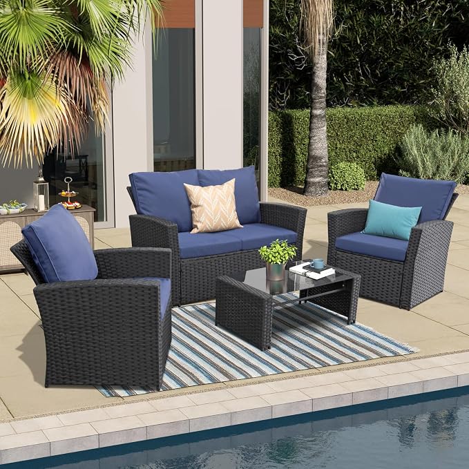FHFO 4 Piece Outdoor Wicker Patio Furniture Set, Black/Blue | Sectional Sofa | All-Weather Hand-Woven Rattan | Tempered Glass Coffee Table | Durable Fabric | Indoor & Outdoor Use