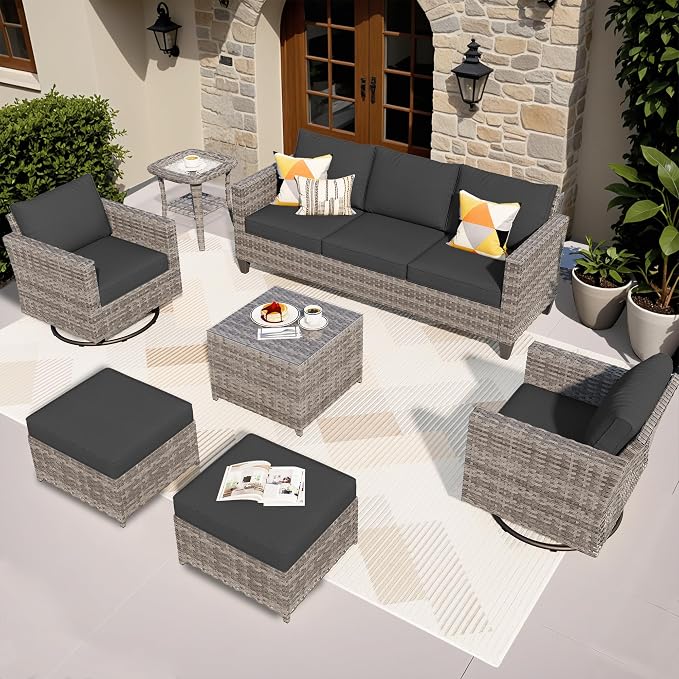 ovios 7 Pieces Patio Furniture Set, Outdoor Wicker Sofa with Rocking Swivel Chairs, Coffee Table, High Back Grey Rattan Conversation Set for Backyard Deck Porch, Black