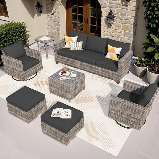 ovios 7 Pieces Patio Furniture Set, Outdoor Wicker Sofa with Rocking Swivel Chairs, Coffee Table, High Back Grey Rattan Conversation Set for Backyard Deck Porch, Black