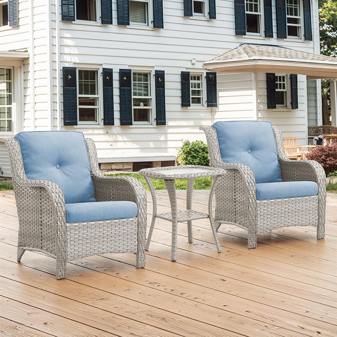 Belord Small Outdoor Side Table - Tempered Glass Wicker Table, Waterproof Patio Coffee Table Rattan End Table with Storage, Light Gray
