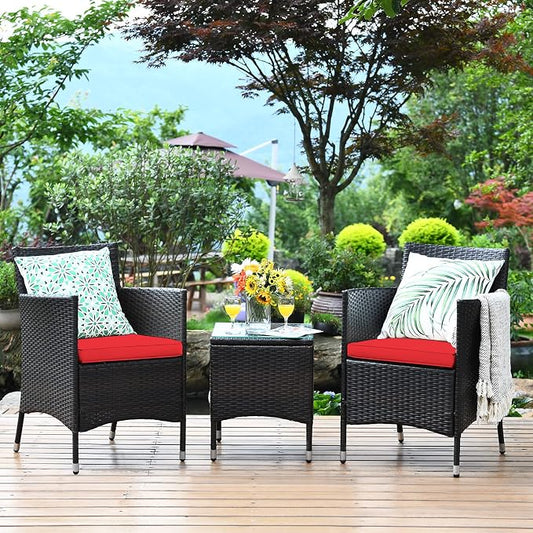 Tangkula Patio Furniture Set 3 Piece, Outdoor Wicker Rattan Conversation Set with Coffee Table, Chairs & Thick Cushions, Suitable for Patio Garden Lawn Backyard Pool (Red)