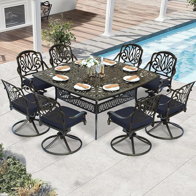 9 Piece Outdoor Patio Dining Set for 8, Cast Aluminium Large Square Dining Table & 8 Swivel Rocker Chairs with Removable Cushions, Umbrella Hole, Patio Furniture Set for Garden, Navy Blue