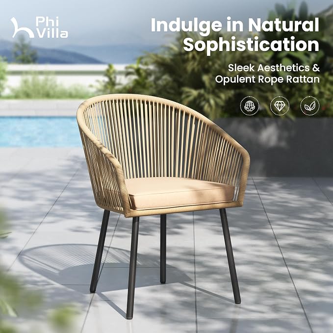 PHI VILLA 5-Piece Patio Dining Set, 31" Square Table, Wicker Chairs | Outdoor dining set for 4, Metal table with umbrella hole, Cushioned brown wicker chairs. Modern design for patio, deck, porch