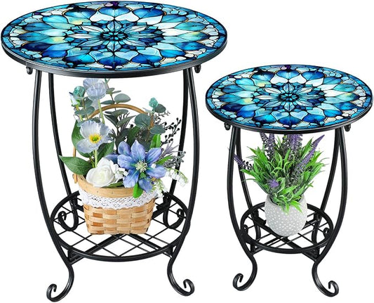 Cinnvoice 2 Pcs Outdoor Side Table Small Patio Round Mosaic Accent End Table Indoor Plant Metal Coffee Tea Tables for Patio Yard Porch Garden Living Room(12" and 16",Mandala Style)