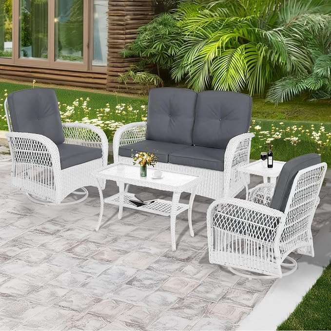 MEETWARM 5 Pieces Outdoor Patio Rattan Furniture Sets, All Weather Patio Wicker Conversation Set - 2 Rocking Swivel Chairs 1 Rattan Loveseat Glider with Cushions, 2 Coffee Table, White Wicker/Grey