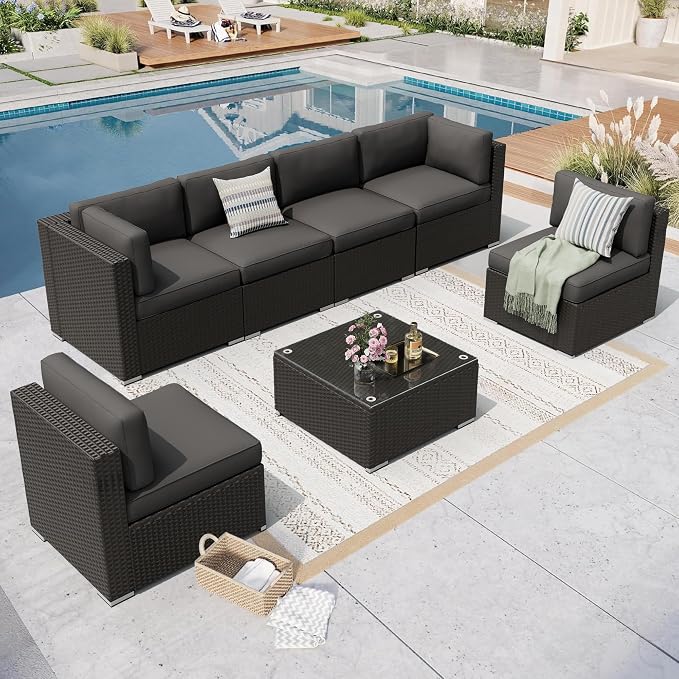 Incbruce 7-Piece Patio Furniture Set, All-Weather Conversation Set, PE Wicker Rattan Outdoor Sectional Couch with Glasstop Table and Removable Cushions (Grey)