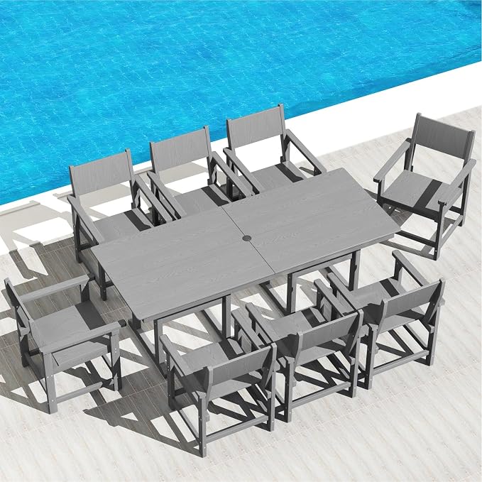 9-Piece HDPE Outdoor Dining Set, Weatherproof Patio Table and Chairs Set for 8, Includes 82.7'' Dining Table and 6 Armchairs, with Umbrella Hole (Grey)
