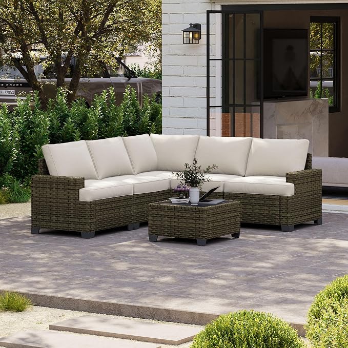 LET'S PATIO Luxury Patio Furniture Set, 6 Piece Outdoor Furniture Set, All-Weather Patio Sectional Sofas with Thickened Cushions, Beige