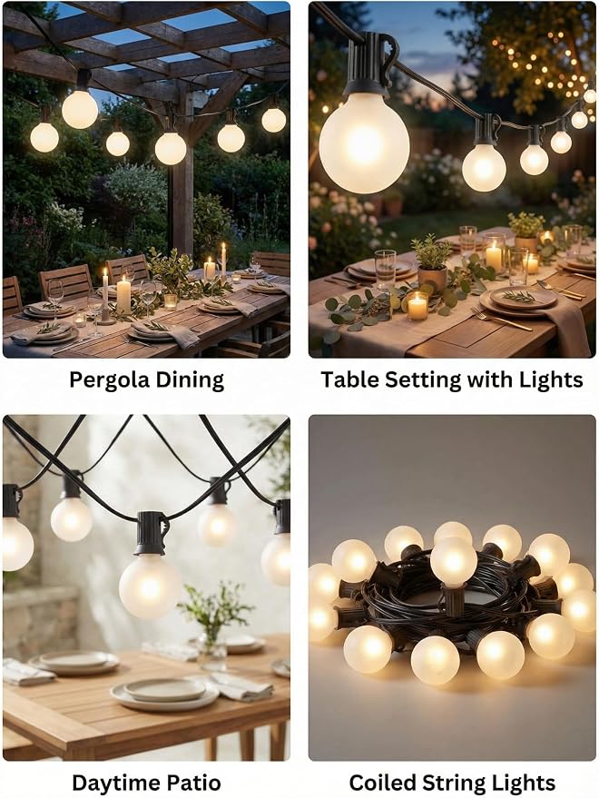G40 Outdoor Frosted String Lights, 25FT, 25-Light, Black Wire | Soft Frosted Glow, IP44 Weatherproof, 5W Glass Incandescent Bulbs, E12 Bases, 2 Spares, End-To-End Connectable, for Bistro
