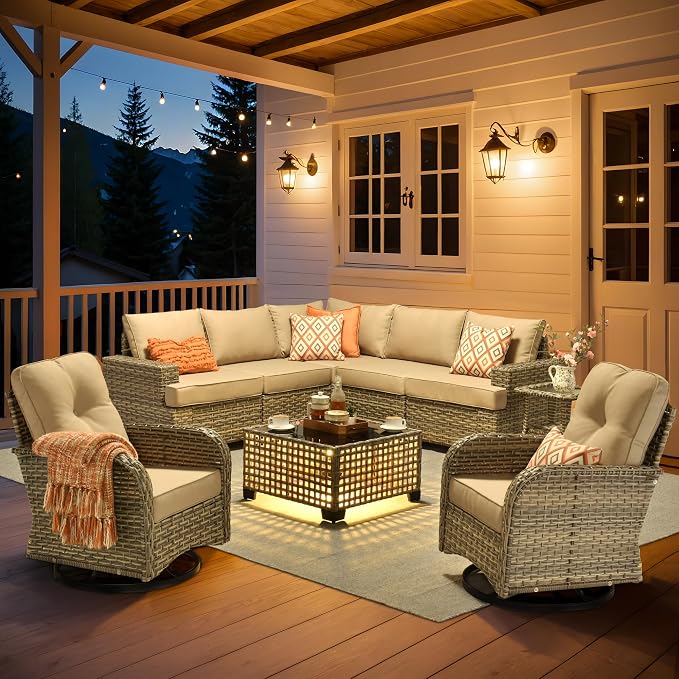 HOOOWOOO Outdoor Sectional Patio Furniture Set,9 Pieces Wicker Conversation Sets L Shaped Couch,Extra Deep Out Door Sofa Outside Furniture with Rocking Chairs,Beige