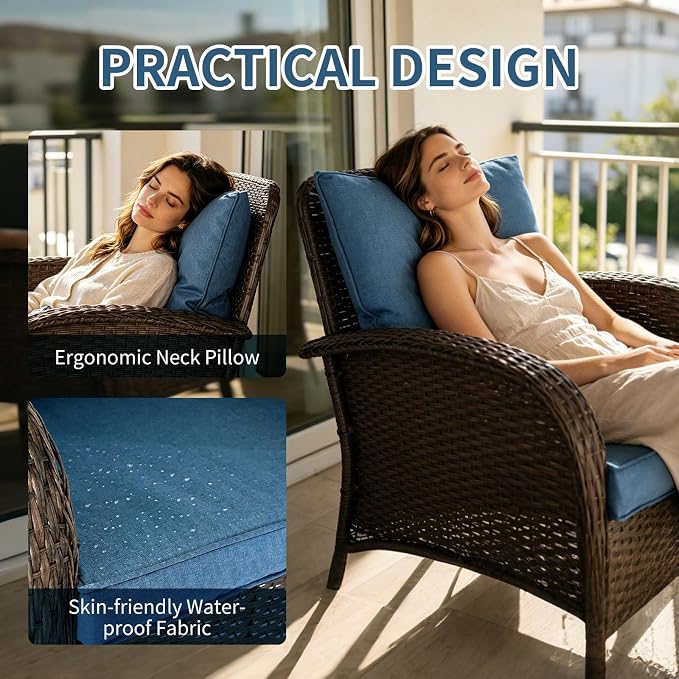 Outdoor Swivel Rocker Patio Chairs (Brown Wicker/Blue Cushion, 4PC/Sofa & Chair &Coffee Table)