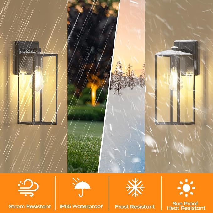 WIHTU 16in Outdoor Light Fixture Wall Mount, Exterior Porch fixtures 1 Pack | Waterproof, Anti-Rust Metal Frame, Tempered Glass, E26 Base, Easy Install, Wall Sconce for Patio, Garage, Entryway, Doorway