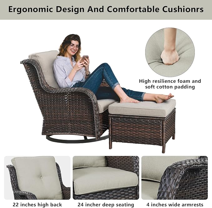 Belord Wicker Outdoor Furniture Patio Furniture Set - 6 Piece Patio Conversation Set with Swivel Rocker Chairs, Rattan Sofa, Ottomans and Coffee Table, Beige Cushion