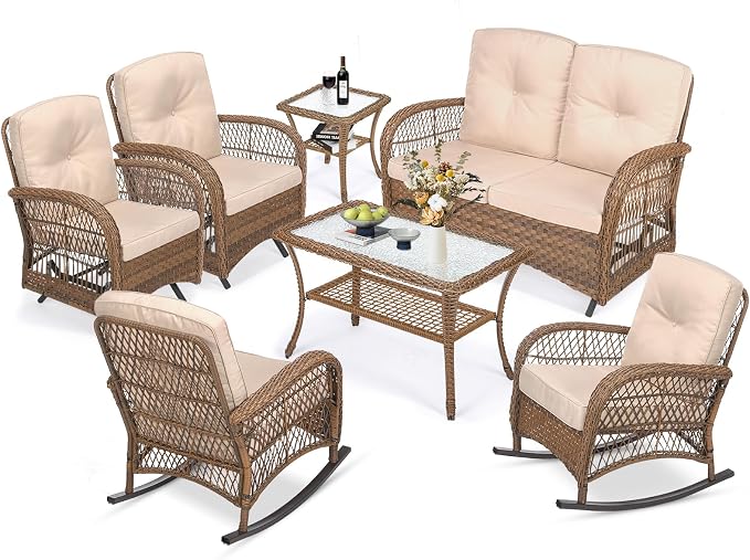 MEETWARM 7 Pieces Outdoor Wicker Patio Conversation Sets with Glider Loveseat, 4 Chairs with 2 Glass-Top Coffee Table Rocking Glider Set, Wicker Conversation Set with Thickened Cushions, Beige