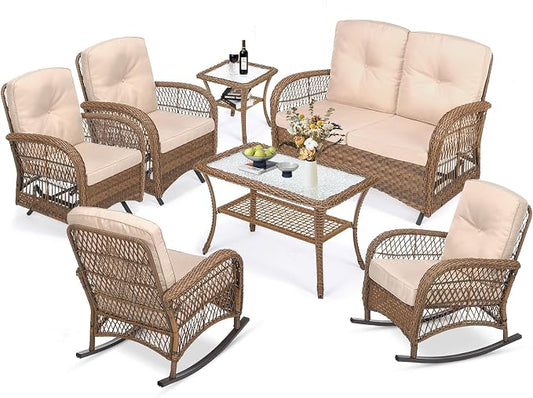 MEETWARM 7 Pieces Outdoor Wicker Patio Conversation Sets with Glider Loveseat, 4 Chairs with 2 Glass-Top Coffee Table Rocking Glider Set, Wicker Conversation Set with Thickened Cushions, Beige