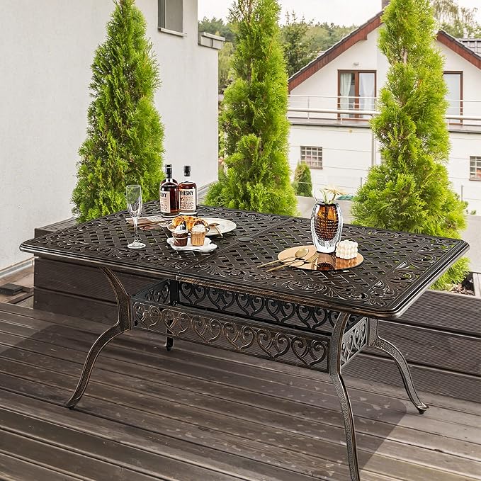 Giantex Patio Dining Table, Cast Aluminum Outdoor Table for 6 or 8 Persons, Heavy-Duty Structure, Adjustable Footpads, All-Weather Square Umbrella Table with Hole, 59" Lx35.4 Wx28.3 H