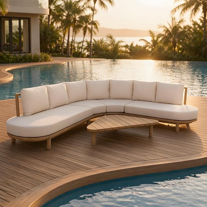 Christopher Knight Home Gemsy 118" Acacia Wood Outdoor Patio Furniture Set with Cushion, Outdoor Half Moon Curved Sectional Sofa Set with Coffee Table, Patio Sectional Sofa Set, Beige + Brown