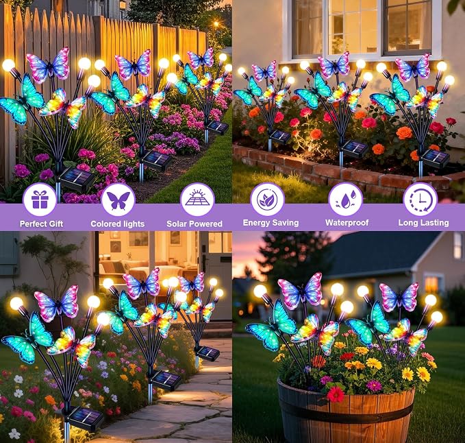 Solar Garden Lights Outdoor, Butterfly Firefly Lights 2 Pack, Waterproof | 3 Dynamic Fluttering Butterfly & 3 Firefly, Solar Garden Decor For Yard, Patio, Lawn, Gifts For Mom Women