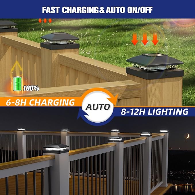 APONUO Solar Post Cap Lights for 4x4 Posts - IP64 Waterproof, 6500K LED, No-Wire Fence Lights & Deck Lights for Patio Garden Yard Patio, Black-Cool White, 24 Pack