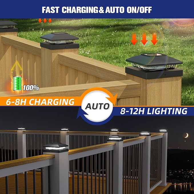 APONUO Solar Post Cap Lights for 4x4 Posts - IP64 Waterproof, 6500K LED, No-Wire Fence Lights & Deck Lights for Patio Garden Yard Patio, Black-Cool White, 6 Pack