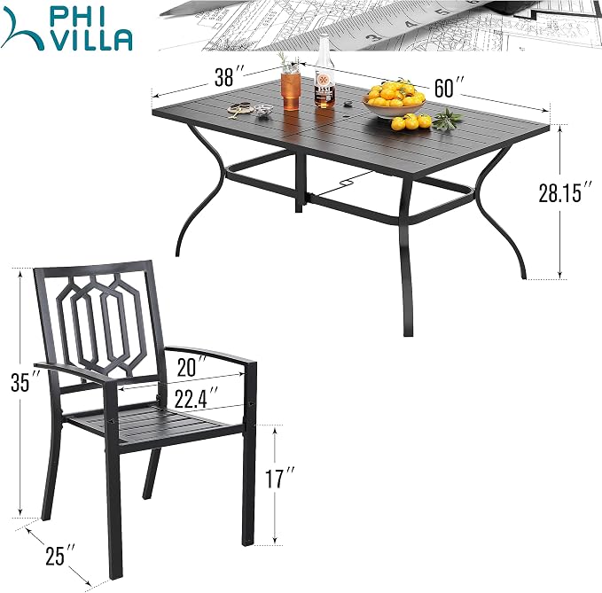 PHI VILLA 7 Pcs Patio Dining Set for 6& Rectangular Metal Table | Metal Steel Table with Umbrella Hole & Stackable Chairs, Heavy-Duty Furniture Set for Patio, Deck, Yard, Porch - Black