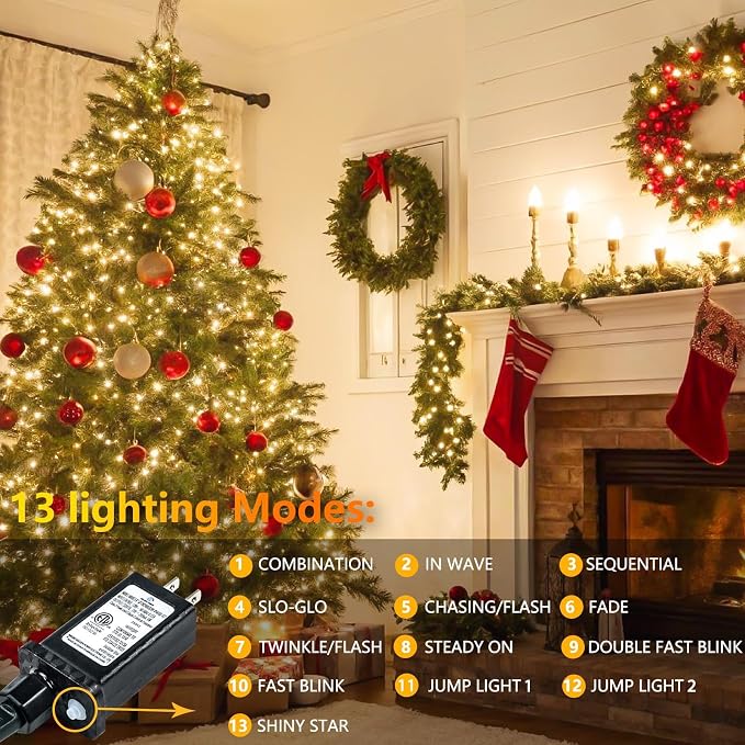 300 LED String Lights, 99FT Extra-Long Christmas Lights Outdoor Indoor | Warm White, 13 Modes, Timer, Clear Wire Waterproof Twinkle Fairy Lights Plug in for Bedroom Classroom Patio Xmas Tree Decor