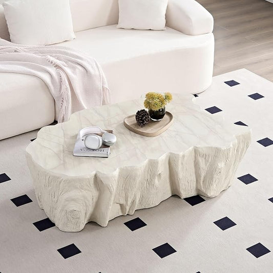 48.62'' Irregular Coffee Table Faux Stone Coffee Table for Living Room Modern Concrete Coffee Tables with Cement Live Edge Indoor Outdoor Center Tables No Assembly, Beige
