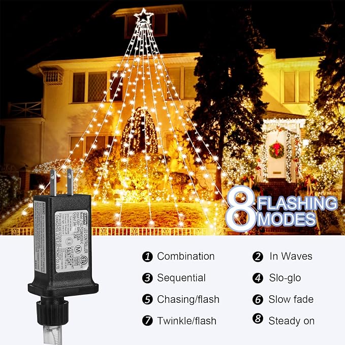Christmas Decorations, Outdoor Christmas Lights, 320 LED Outdoor Christmas Tree String Lights with 12" Star Toppers [8 Modes& Waterproof] for Xmas New Year Holiday Decor (Cool White)