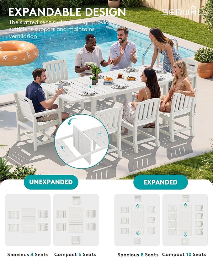 SERWALL Outdoor Expandable Dining Table 60" - 83", White | Patio Dining Table for 4-8 People, All Weather HDPE and Aluminum Outdoor Furniture
