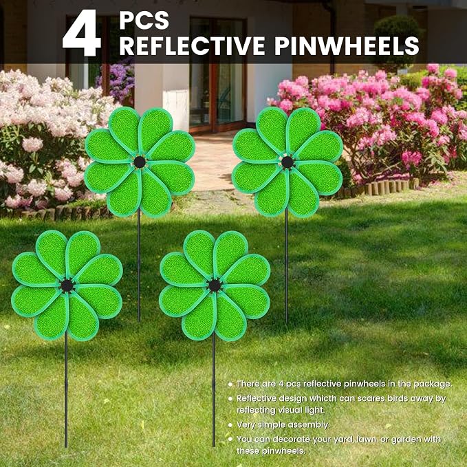 4PCS 11.4" W x 28" H Reflective Pinwheels Sparkly Lawn Wind Spinners Colorful Rainbow Windmill for Garden Decoration Bird Devices Deterrent to Scare Birds Away（Green）