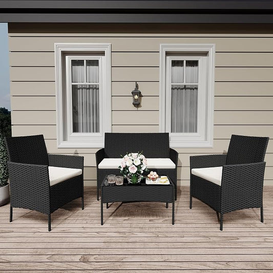 GarveeTech 4 Pieces Patio Furniture Set, Rattan Patio Conversation Set with Coffee Table, Outdoor Furniture Set for Garden, Porch, Lawn & Balcony（Black & Beige）