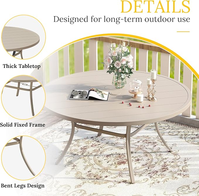 VICLLAX 60" Outdoor Round Patio Table for Lawn Garden, All Weather Metal Round Patio Dining Table with Adjustable Umbrella Hole, Outdoor Table for 8-10 Person, Cream Color Tabletop