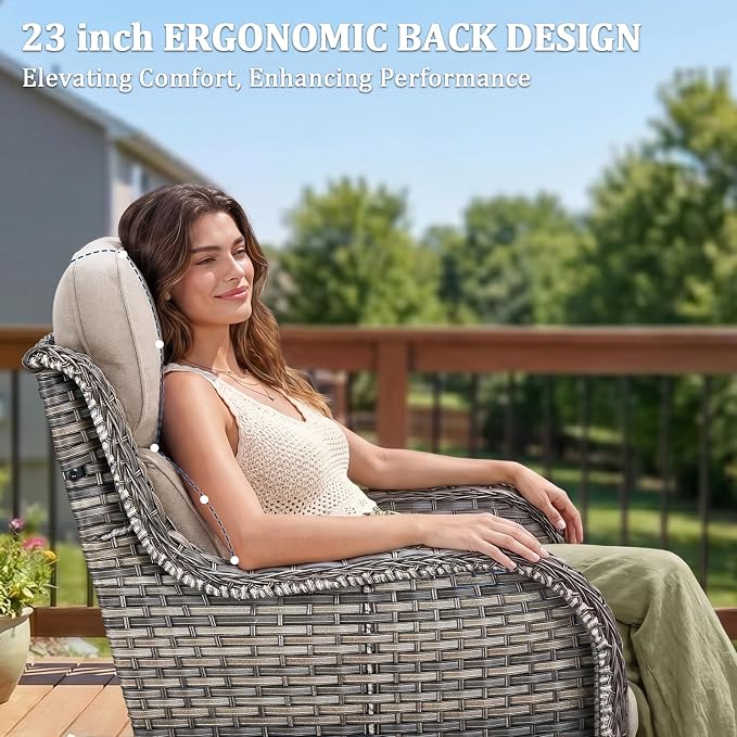 Luxury Swivel Rocker Chairs Set with 6" Thick Cushion 3 piece Wicker Outdoor Swivel Rocker Patio Chair with Side Table High Back Comfortable Outdoor Patio Furniture Set - Gery | Beige
