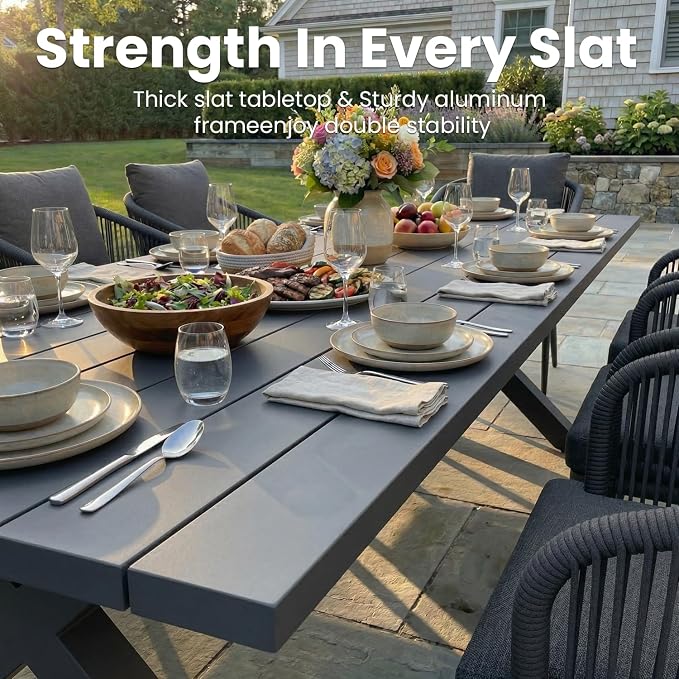 9-Piece Patio Dining Table Sets, Woven Wicker Dining Set with Rectangular Aluminum Table and Dining Chairs Modern Outdoor Dining Furniture Set for Outdoors and Indoors