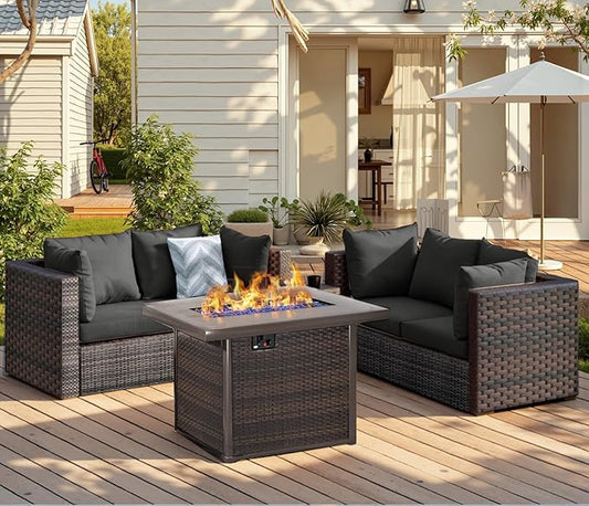 Patio Furniture Set with Fire Pit Table 5 Piece All Weather PE Rattan Outdoor Sectional Sofa Couch with 4 x arm Sofa, No-Slip Cushions for Garden, Poolside, Backyard (Black)