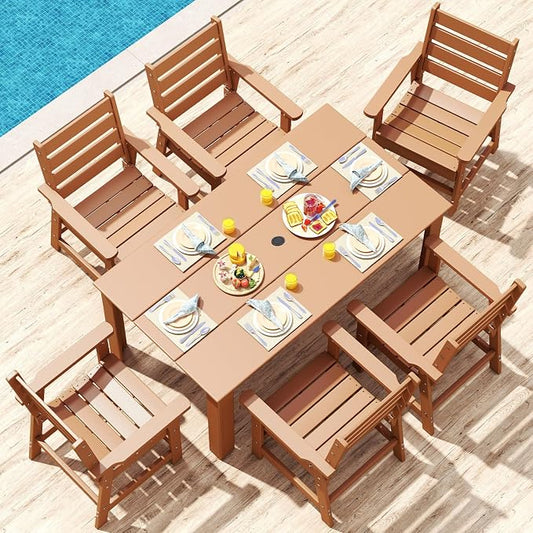 IVY&LANE Outdoor 7-Piece Dining Set for 6 | HDPE | 67’’ Rectangle Table and Chairs | Patio Furniture Sets | All Weather | Umbrella Hole | Teak | for Poolside Lawn Garden Backyard