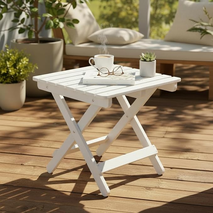 Shine Company Square Wooden Folding Solid Wood Side Table, Outdoor Adirondack Small Patio Table, Eggshell White