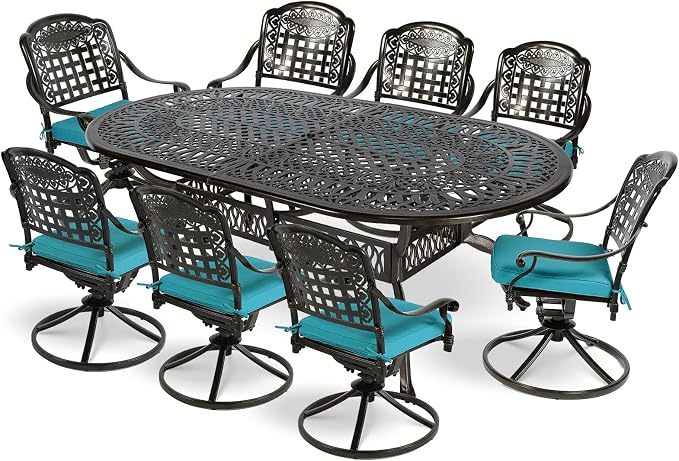 MEETWARM 9-Piece Outdoor Patio Dining Set, All-Weather Cast Aluminum Patio Conversation Set with 8 Cushioned Swivel Rocker Chairs for Backyard Garden Deck, 1 Oval Table, 2" Umbrella Hole, Ocean Blue