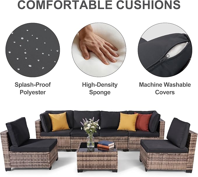 7-Piece Modular Outdoor Sectional Wicker Patio Furniture Set | All-Weather Conversation Set w/ Glass Coffee Table for Backyard, Garden, Poolside (Natural PE Rattan + Black Cushions)