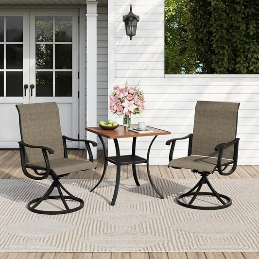 Outdoor Dining Set for 2, 28" Metal Square Outdoor Dining Table and Sling Patio Swivel Chairs, 3 Pieces Patio Table and Chairs Set for Garden Backyard, Mixed Brown and Walnut