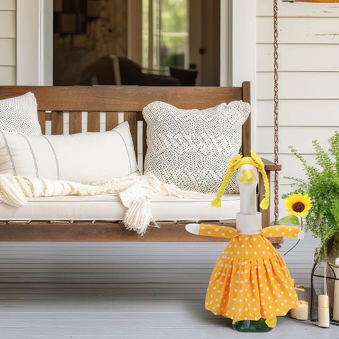 4pcs Sunflower Porch Goose Outfit for 23 Inch Geese Lawn | Summer Porch Goose Clothes with Polka Dot Dress Floral Bandana Yarn Braid Wig Sunflower Prop for Patio Yard Decor
